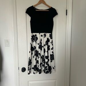 Black & White Floral Midi Dress with Cap Sleeves